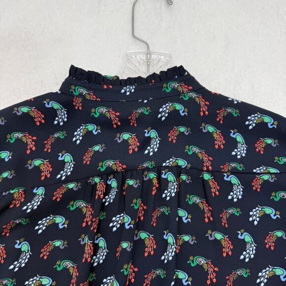 Loft Peacock Print Ruffle Neck Blouse Button Up Long Sleeve Navy Blue Size M - Picture 6 of 12